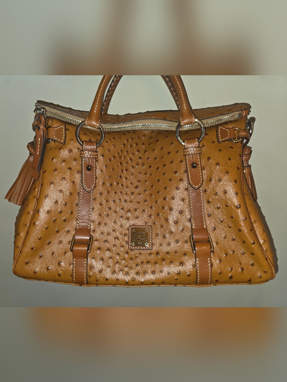 Dooney & Bourke Tan Ostrich-Embossed Leather Satchel With Coin Purse